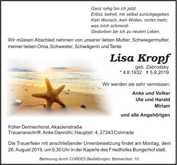 Todesanzeige von Lisa Kropf von trauer.de