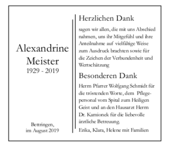 Todesanzeige von Alexandrine Meister von trauer.de