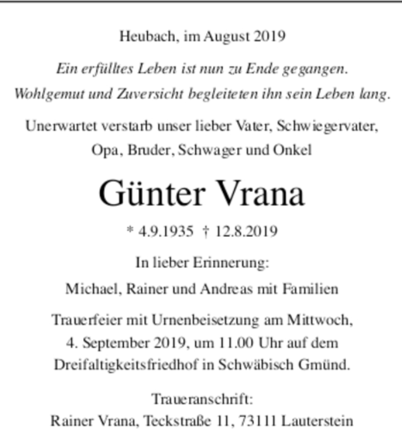  Traueranzeige für Günter Vrana vom 31.08.2019 aus Trauer.de