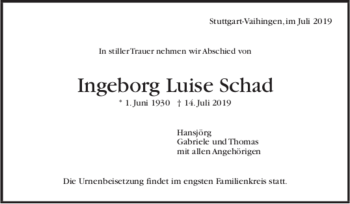 Todesanzeige von Ingeborg Luise Schad von trauer.de