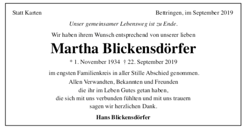  Traueranzeige für Martha Blickensdörfer vom 27.09.2019 aus trauer.de