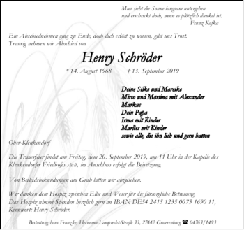 Todesanzeige von Henry Schröder von trauer,de