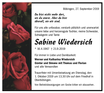 Todesanzeige von Sabine Wiedersich von trauer.de