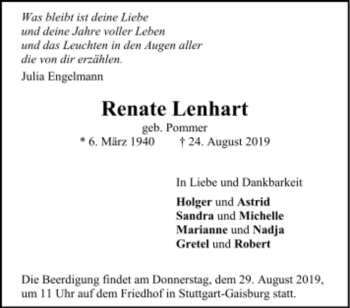 Todesanzeige von Renate Lenhart von trauer.de