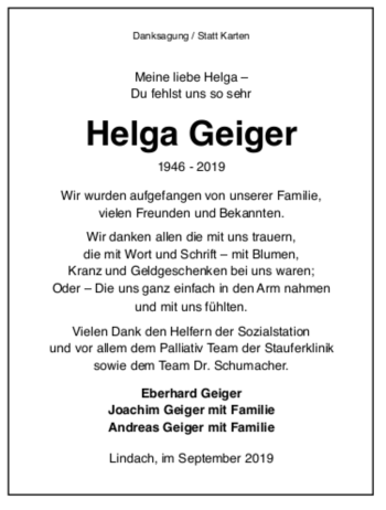 Todesanzeige von Helga Geiger 
