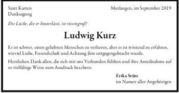 Todesanzeige von Ludwig Kurz von Trauer.de