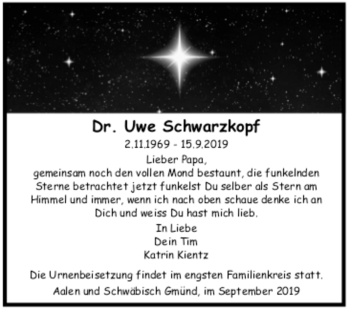 Todesanzeige von Uwe Schwarzkopf von Trauer.de