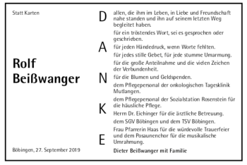 Todesanzeige von Rolf Beißwanger von trauer.de