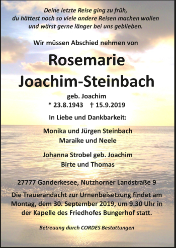 Todesanzeige von Rosemarie Joachim-Steinbach von Trauer.de