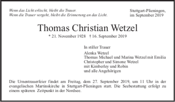 Todesanzeige von Thomas Christian Wetzel von Trauer.de