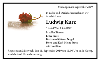 Todesanzeige von Ludwig Kurz von trauer.de