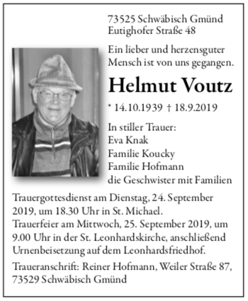 Todesanzeige von Helmut Voutz von Trauer.de