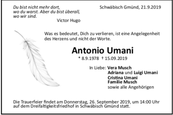 Todesanzeige von Antonio Umani von Trauer.de