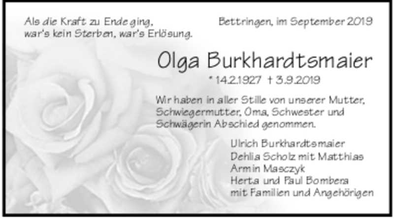  Traueranzeige für Olga Burkhardtsmaier vom 28.09.2019 aus trauer.de