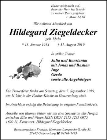 Todesanzeige von Hildegard Ziegeldecker von trauer.de