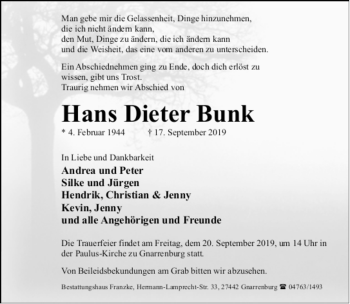 Todesanzeige von Hans Dieter Bunk von trauer.de