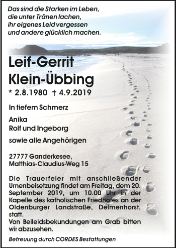 Todesanzeige von Leif-Gerrit Klein-Übbing von trauer.de