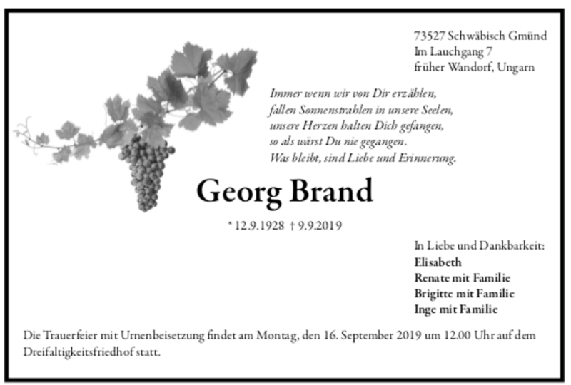  Traueranzeige für Georg Brand vom 13.09.2019 aus trauer.de
