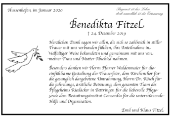Todesanzeige von Benedikta Fitzel von trauer.de