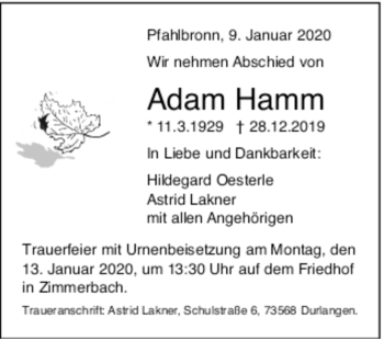 Todesanzeige von Adam Hamm von Trauer.de