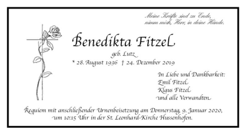  Traueranzeige für Benedikta Fitzel vom 03.01.2020 aus trauer.de
