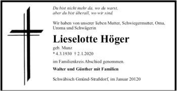 Todesanzeige von Lieselotte Höger von Trauer.de