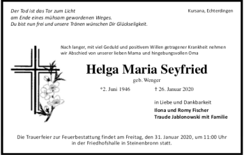 Todesanzeige von Helga Maria Seyfried von Trauer.de