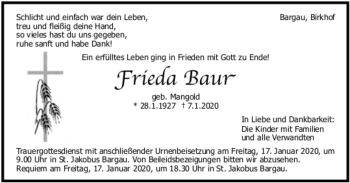 Todesanzeige von Frieda Baur von Trauer.de