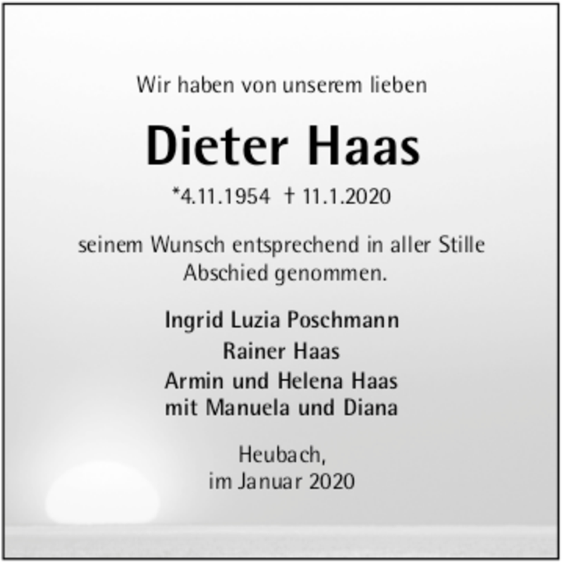  Traueranzeige für Dieter Haas vom 22.01.2020 aus Trauer.de