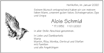 Todesanzeige von Alois Schmid von Trauer.de