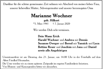 Todesanzeige von Marianne Wochner von trauer.de