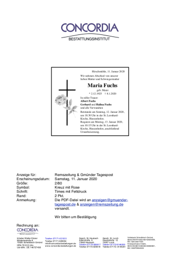 Todesanzeige von Maria Fuchs von trauer.de