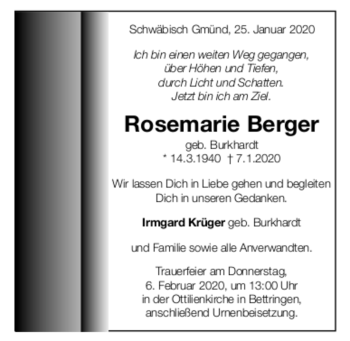 Todesanzeige von Rosemarie Berger von trauer.de