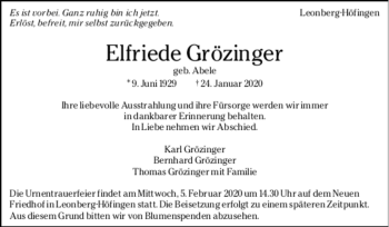 Todesanzeige von Elfriede Grözinger von Trauer.de