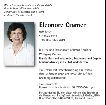 Todesanzeige von Eleonore Cramer von trauer.de