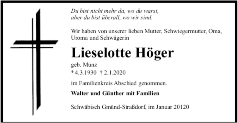  Traueranzeige für Lieselotte Höger vom 17.01.2020 aus Trauer.de
