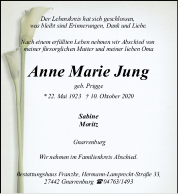 Todesanzeige von Anne Marie Jung von trauer.de