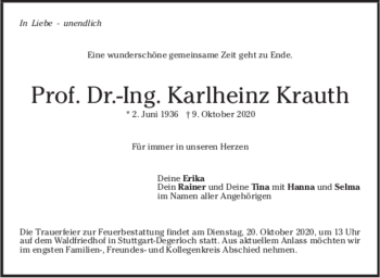 Todesanzeige von Karlheinz Krauth von trauer.de