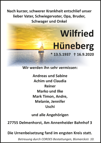 Todesanzeige von Wilfried Hüneberg von trauer.de