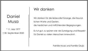 Todesanzeige von Daniel Musa von trauer.de