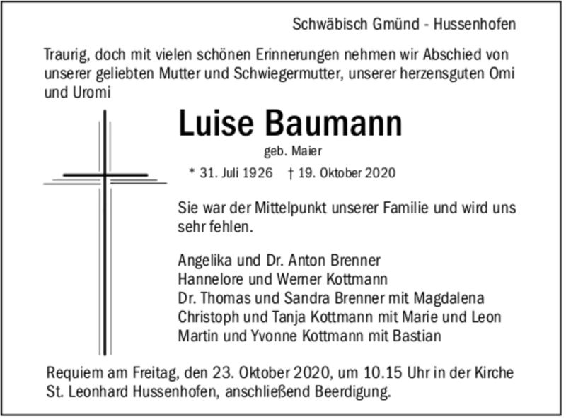  Traueranzeige für Luise Baumann vom 21.10.2020 aus Trauer.de