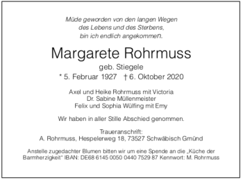 Todesanzeige von Margarete Rohrmuss von Trauer.de