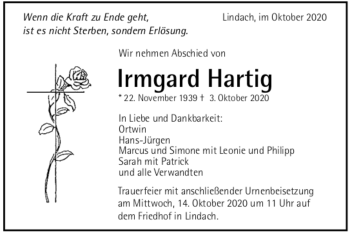 Todesanzeige von Irmgard Hartig von Trauer.de