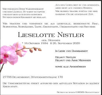 Todesanzeige von Lieselotte Nistler von Trauer.de