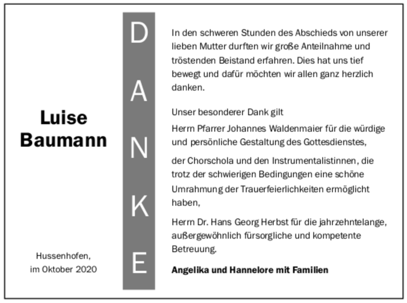  Traueranzeige für Luise Baumann vom 30.10.2020 aus Trauer.de