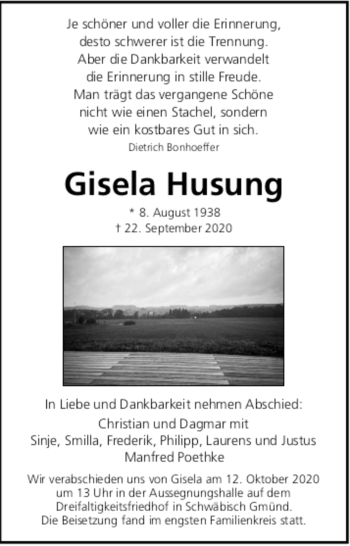 Todesanzeige von Gisela Husung von trauer.de