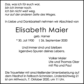 Todesanzeige von Elisabeth Maier von Trauer.de