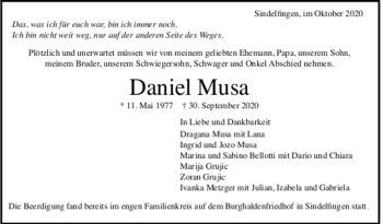 Todesanzeige von Daniel Musa von Trauer.de