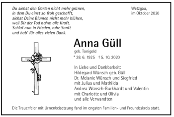 Todesanzeige von Anna Güll von Trauer.de