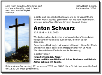 Todesanzeige von Anton Schwarz von Trauer.de